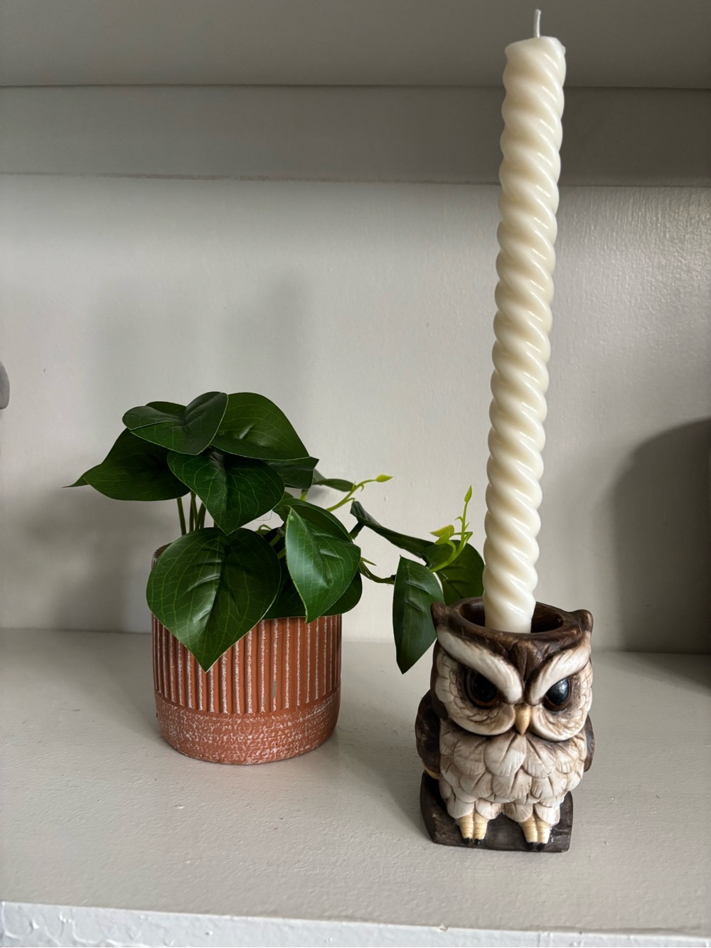 Vintage Mcm retro ceramic grumpy owl tapered candle holder